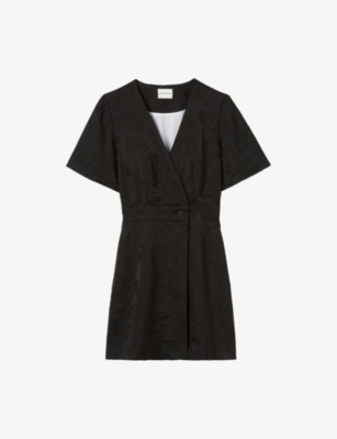 Claudie Pierlot Womens Black Wrap-front Short-sleeve Jacquard Mini Dress In Black