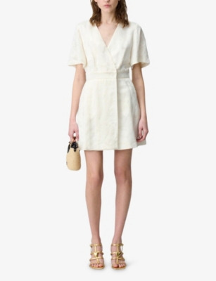 Claudie Pierlot Womens Ecru Wrap-front Short-sleeve Jacquard Mini Dress In Ecru