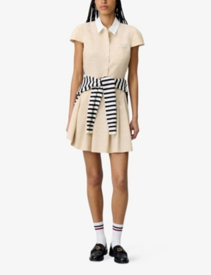 Claudie Pierlot Womens Light Beige Logo-embroidered Contrast-collar Pleated Woven Mini Dress