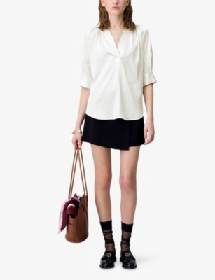 CLAUDIE PIERLOT: Tunisian-Collar Short-Sleeve Woven Blouse