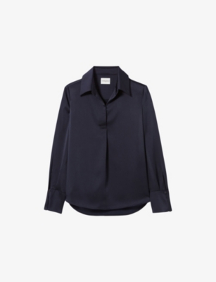 Claudie Pierlot Womens Open-collar Long-sleeved Satin Blouse Navy