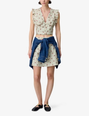 Claudie Pierlot Womens Printed Ruffle-trim Linen Top Dual-color