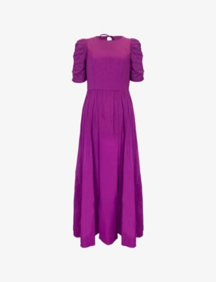 RO&ZO: Round-Neck Gathered-Sleeve Cotton Midi Dress