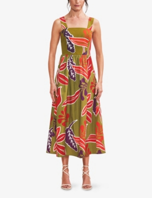 RO&ZO: Leaf-Print Square-Neck Cotton Midi Dress