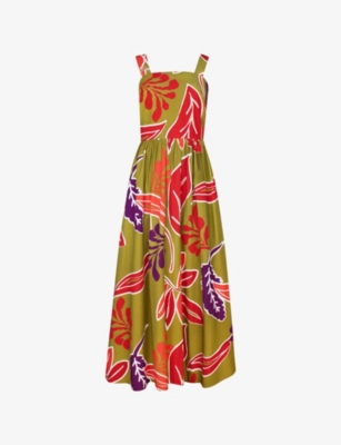 RO&ZO: Leaf-Print Square-Neck Cotton Midi Dress