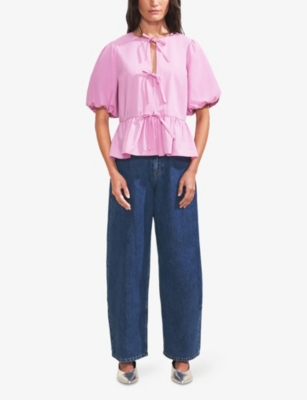 RO&ZO: Tie-Front Puff-Sleeve Cotton Top