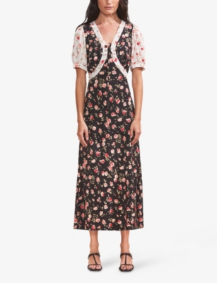 RO&ZO: Contrast Rose-Print Puff-Sleeve Woven Midi Dress