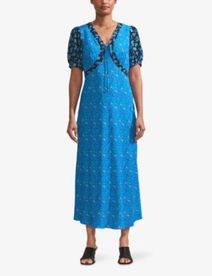 Ro&zo Womens Ditsy-print Puff-sleeve Woven Midi Dress Blue In Blue