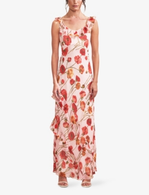 RO&ZO: Poppy-Print Frill-Neck Woven Maxi Dress