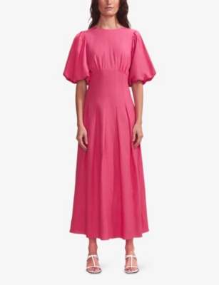 RO&ZO: Puff-Sleeve Shirred-Panel Linen-Blend Midi Dress