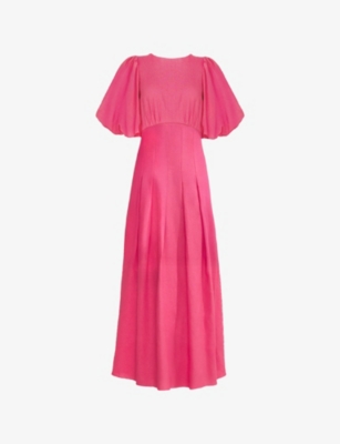 RO&ZO: Puff-Sleeve Shirred-Panel Linen-Blend Midi Dress