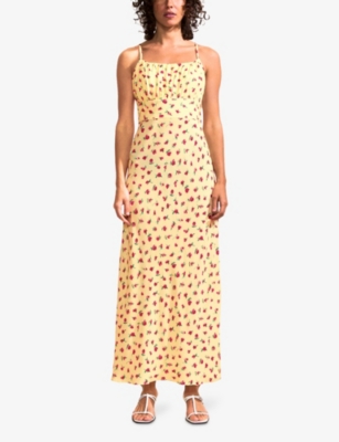 Ro&zo Womens Yellow Rose-print Gathered-front Woven Midi Dress