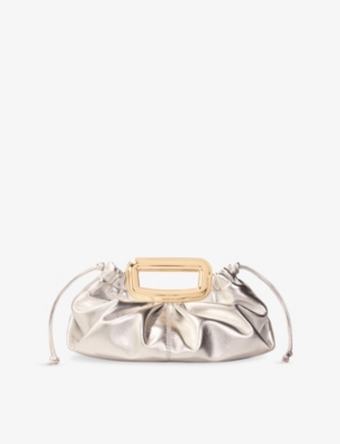 Shop Maje Womens Silver Top-handle Metallic Leather Clutch Bag