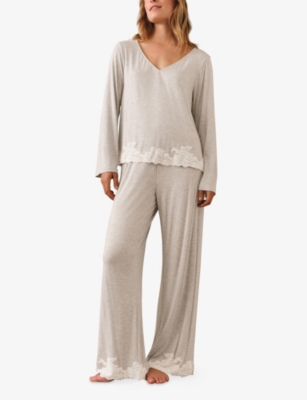 The White Company S Cloud Marl Long-sleeve Lace-applique Stretch-jersey Pyjamas In Gray