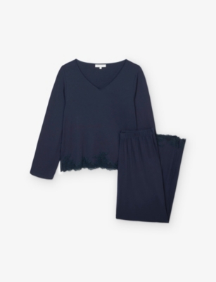 The White Company S  Long-sleeve Lace-applique Stretch-jersey Pyjamas In Blue