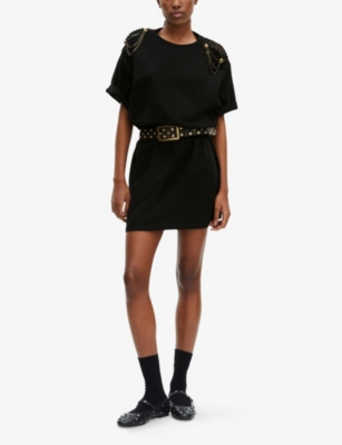 THE KOOPLES WOMENS BLACK WASHED CHAIN-EMBELLISHED RELAXED-FIT COTTON T-SHIRT DRESS 