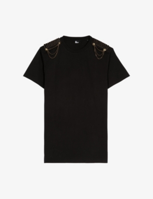 THE KOOPLES WOMENS BLACK WASHED CHAIN-EMBELLISHED RELAXED-FIT COTTON T-SHIRT DRESS 