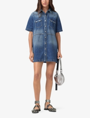 Allsaints Womens Mid Indigo Rock Flap-pocket Denim Mini Dress In Blue