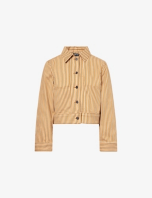 Me And Em Womens  Pointed-collar Striped Cotton Jacket In Toffee Ecru