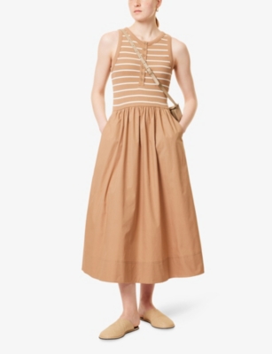 ME AND EM AND EM WOMENS BISCUIT SOFT WHITE STRIPPED BUTTON-FRONT COTTON-BLEND MAXI DRESS 