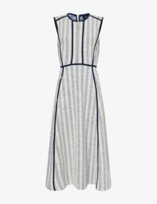 Me And Em Womens  Textured Striped Woven Midi Dress In Navy Cream