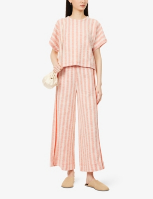 Me And Em And Em Womens Textured Stripe-print Boxy-fit Stretch-cotton Top Bright Papaya Cream In Bright Papaya Cream