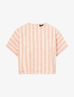 Me And Em And Em Womens Textured Stripe-print Boxy-fit Stretch-cotton Top Bright Papaya Cream In Bright Papaya Cream