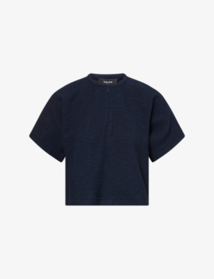 Me And Em And Em Womens Navy Textured Boxy-fit Cotton-blend T-shirt In Navy