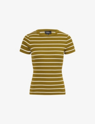 Me And Em And Em Womens Striped Ribbed Cotton-blend T-shirt Deep Golden Olive Cr In Deep Golden Olive Cr
