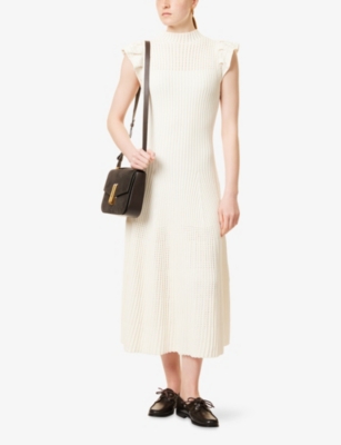 ME AND EM AND EM WOMENS CREAM POINTELLE RUFFLED-SLEEVE KNITTED MIDI DRESS 