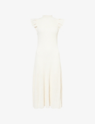 ME AND EM AND EM WOMENS CREAM POINTELLE RUFFLED-SLEEVE KNITTED MIDI DRESS 