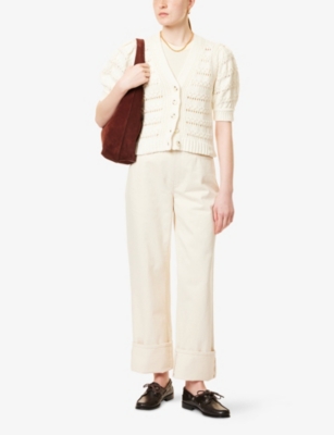 Me And Em And Em Womens Cream Pouf-sleeve V-neck Knitted Cardigan In Cream