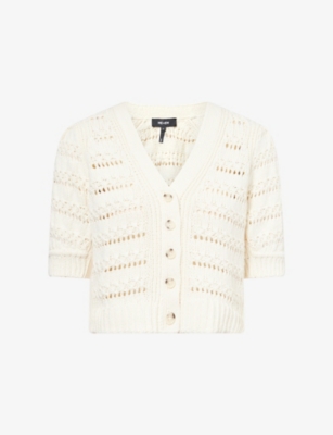 Me And Em And Em Womens Cream Pouf-sleeve V-neck Knitted Cardigan In Cream