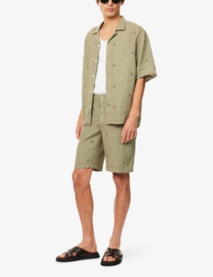 120% Lino Mens Cactus Embroidered Mid-rise Linen Shorts