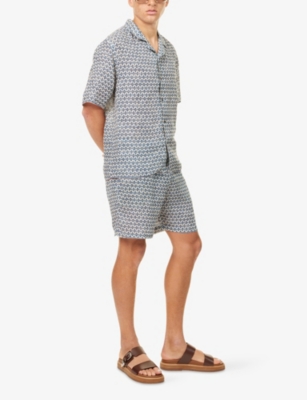 120% Lino Mens Grpahic-print Linen Bermuda Shorts Washed-blue Print