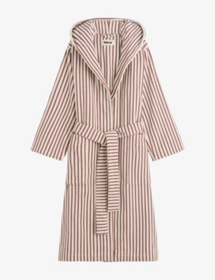 Tekla Womens Ripple Stripes Hooded Striped Cotton-towelling Bathrobe In Brown