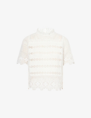 Me And Em And Em Womens Light Cream Ruffle-neck Crochet-lace Cotton T-shirt In Light Cream