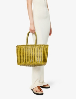Dragon Diffusion Womens Bamboo Green / Yellow Bali Basket Leather Tote Bag