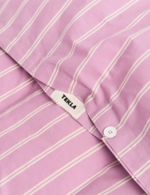 Tekla Mallow Pink Stripes Percale Striped Double Cotton Duvet Cover In Pink