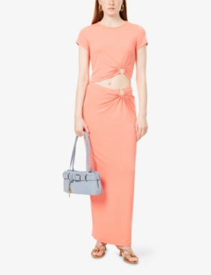GOOD AMERICAN WOMENS CORAL002 RUCHED MID-WAIST STRETCH-WOVEN MAXI SKIRT XS 