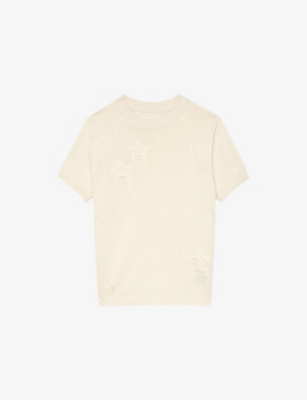 Zadig & Voltaire Womens Ecru Bully Frayed-star Short-sleeve Cotton-blend Knitted Jumper Xs In Ecru