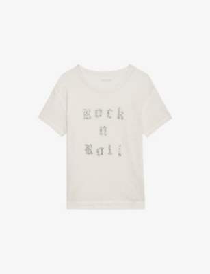 Zadig & Voltaire Womens Ecru Crystal-embellished Short-sleeved Linen T-shirt In Ecru