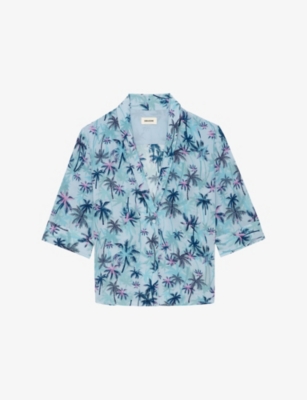 Palm-Print Short-Sleeved Silk Shirt
