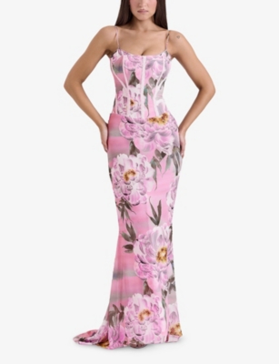 HOUSE OF CB OF CB WOMENS PINK FLORAL ANTONINA CORSET LACE MAXI DRESS 