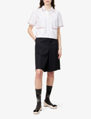 THOM BROWNE: Drop-Back Cropped Short-Sleeve Cotton Shirt
