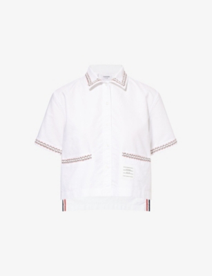 THOM BROWNE: Drop-Back Cropped Short-Sleeve Cotton Shirt