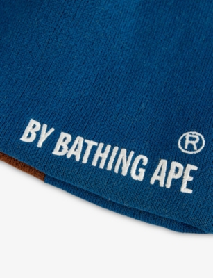 A Bathing Ape Mens Blue Ape Head Knitted Cotton-blend Beanie Hat