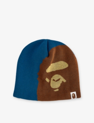 A Bathing Ape Mens Blue Ape Head Knitted Cotton-blend Beanie Hat