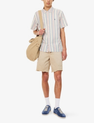 Polo Ralph Lauren Cotton Chambray Stripe Cuban Shirt In 6723 Off White/red Multi