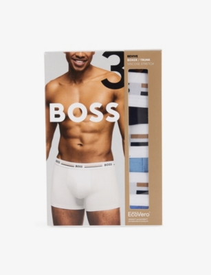HUGO BOSS MENS BOSS REVIVE LOGO-WAISTBAND PACK OF THREE STRETCH-WOVEN BOXER TRUNKS 